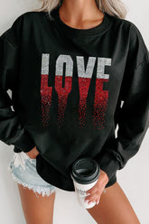 Rhinestone LOVE Round Neck Long Sleeve Sweatshirt Black OutfitFlow