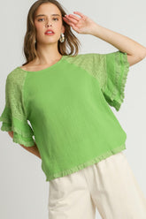Umgee Full Size Cotton Gauze Round Neck Ruffle Eyelet Layered Sleeve Blouse Plus Size Lime OutfitFlow