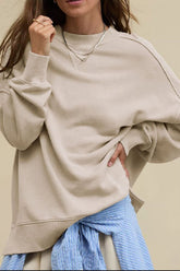 Side Slit Round Neck Long Sleeve Sweatshirt Khaki OutfitFlow