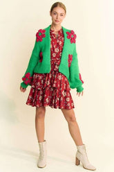 Davi & Dani Floral Applique Open Front Drop Shoulder Cardigan Green OutfitFlow