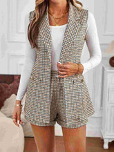 Tied Plaid Collared Neck Vest and Shorts Set Tan OutfitFlow