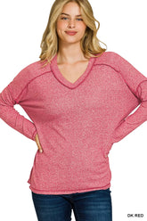 Zenana Soft Melange Hacci Exposed Seam Hi-low Tee DK RED OutfitFlow