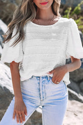 Frilled Lace Trim Bubble Sleeve Blouse White OutfitFlow