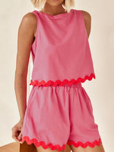 Contrast Trim Round Neck Tank and Shorts Set Fuchsia Pink OutfitFlow