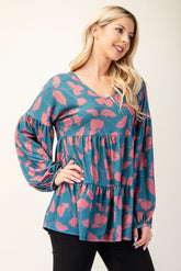 Celeste Full Size Tiered Floral V-Neck Long Sleeve Blouse Teal OutfitFlow