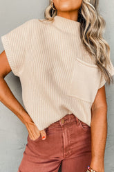 Mock Neck Sweater Vest with Chest Pocket Cream OutfitFlow
