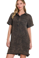 Zenana Tencel Mineral Washed Collared Shirts Dress ASH BLACK OutfitFlow