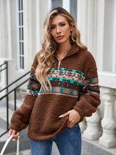 Half Zip Long Sleeve Fuzzy Top Brown OutfitFlow