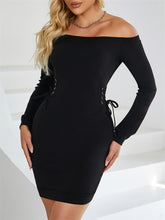 Lace-Up Off Shoulder Long Sleeve Mini Dress Black OutfitFlow