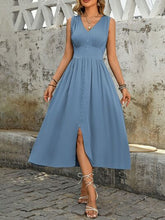 Perfee Ruched Decor Button Slit Sleeveless Midi Dress Light Blue OutfitFlow