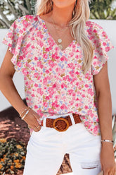 Flutter Sleeve Notched Floral Summer Blouse Blush Pink OutfitFlow