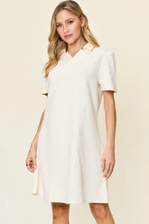 Double Take Full Size Texture Collared Neck Short Sleeve Dress White OutfitFlow