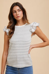 Annie Wear Ruffled Striped Round Neck Cap Sleeve Knit Top Light Gray OutfitFlow