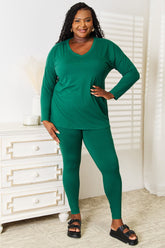 Zenana Lazy Days Full Size Long Sleeve Top and Leggings Set Dark Green OutfitFlow