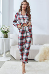 Plaid Button Front Top and Pants Lounge Set Plaid OutfitFlow