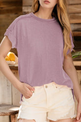 Casual Ribbed Short Sleeve Round Neck T-Shirt Pink Purple OutfitFlow