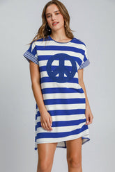 Umgee Peace Applique Striped Short Sleeve Mini Dress Royal Blue OutfitFlow