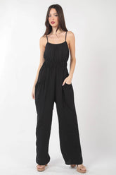VERY J Pintuck Detail Woven Sleeveless Jumpsuit BLACK OutfitFlow