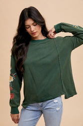 Annie Wear Embroidered Long Sleeve French Terry Top Black Forest OutfitFlow