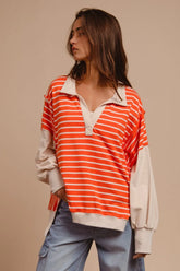 BiBi Stripe Knit Loose Fit Top With Cut Edge Detail ORANGE OutfitFlow