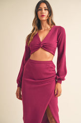 MABLE Front Twisted Knit Top and Midi Skirt Set Magenta OutfitFlow