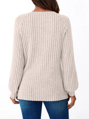Ribbed Knit Decor Button Long Sleeve T-Shirt OutfitFlow