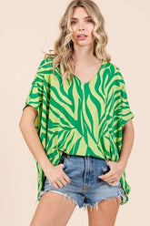Mittoshop Zebra Print V-Neck Short Sleeve Oversized Top Green OutfitFlow