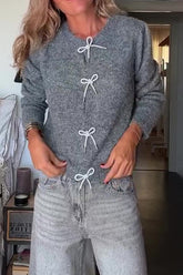 Bow Round Neck Long Sleeve Cardigan Gray OutfitFlow