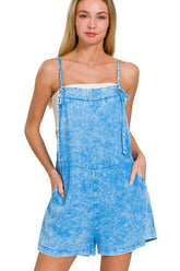 Zenana Washed Linen Knot Strap Rompers DEEP SKY OutfitFlow