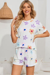 Floral Round Neck Raglan Sleeve Top and Shorts Lounge Set White OutfitFlow