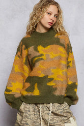 POL Mock Neck Abstract Colorblock Pattern Sweater OLIVE MULTI OutfitFlow