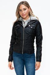 YMI Removable Faux Layered Multi-Pocket Jacket with Fuzzy Hood Black OutfitFlow