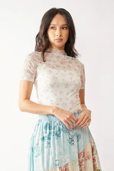 Davi & Dani Floral Mesh Mock Neck Short Sleeve Top INDIAN PINK OutfitFlow