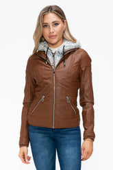 YMI Faux Layered Double-Zipper Jacket with Fuzzy Hood Rust OutfitFlow