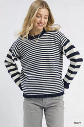 Umgee Ruffle Neck Stripe Sweater Navy OutfitFlow
