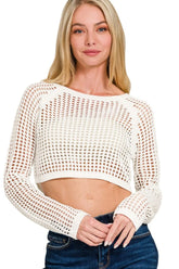 Zenana Hollow Knitted Cropped Round Neck Sweater IVORY OutfitFlow