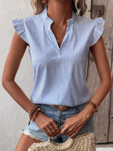 Striped Notched Cap Sleeve Blouse Light Blue OutfitFlow
