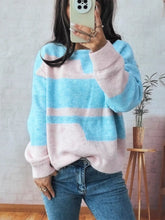 Color Block Round Neck Sweater Blue One Size OutfitFlow