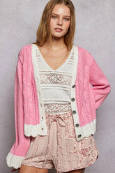 POL Button Down Cable-Knit Cardigan with Contrast Border Accents BARBIE PINK OutfitFlow