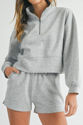 Half Zip Long Sleeve Top and Drawstring Shorts Set Gray OutfitFlow