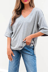 High Raglan Half Sleeve V Neck Oversized T Shirt Gray OutfitFlow