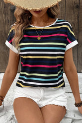 Colorful Striped Short Sleeve Casual T-Shirt Black OutfitFlow