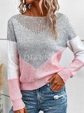 Openwork Contrast Round Neck Long Sleeve Knit Top Pink Gray OutfitFlow