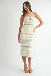 MABLE Contrast Striped Crochet Knit Midi Dress LT TAUPE OutfitFlow