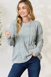 BiBi Cable Knit Round Neck Sweater Dust Sage OutfitFlow