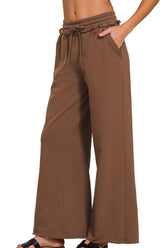 Zenana Fleece Exposed Seam Wide Leg Sweatpants BROWN OutfitFlow