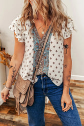 Boho Pattern Tiered Ruffled Sleeve V Neck Buttoned Blouse White OutfitFlow
