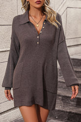Collared Neck Long Sleeve Sweater Dress with Pockets Chocolate OutfitFlow