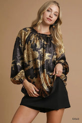 Umgee Metallic Fabric Blouse with Balloon Sleeves GOLD OutfitFlow