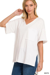 Zenana Front Pocket Raw Edge Boyfriend Tee WHITE OutfitFlow
